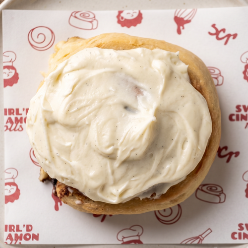 Cinnamon roll sugar filling topped with vanilla bean cream cheese frosting